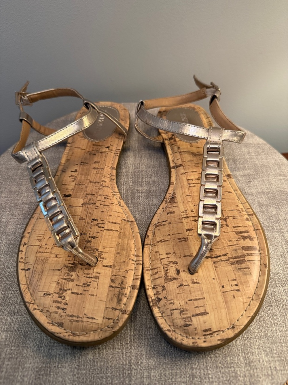 Merona Metallic Silver T-Strap Cork-Style Sandals